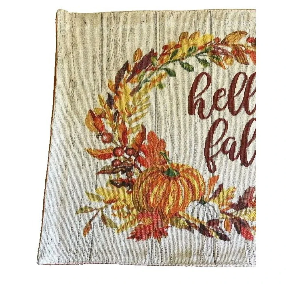 Hello Fall Placemats Tapestry Thanksgiving Pumpkin Floral Wreath 13x18 Set of 4